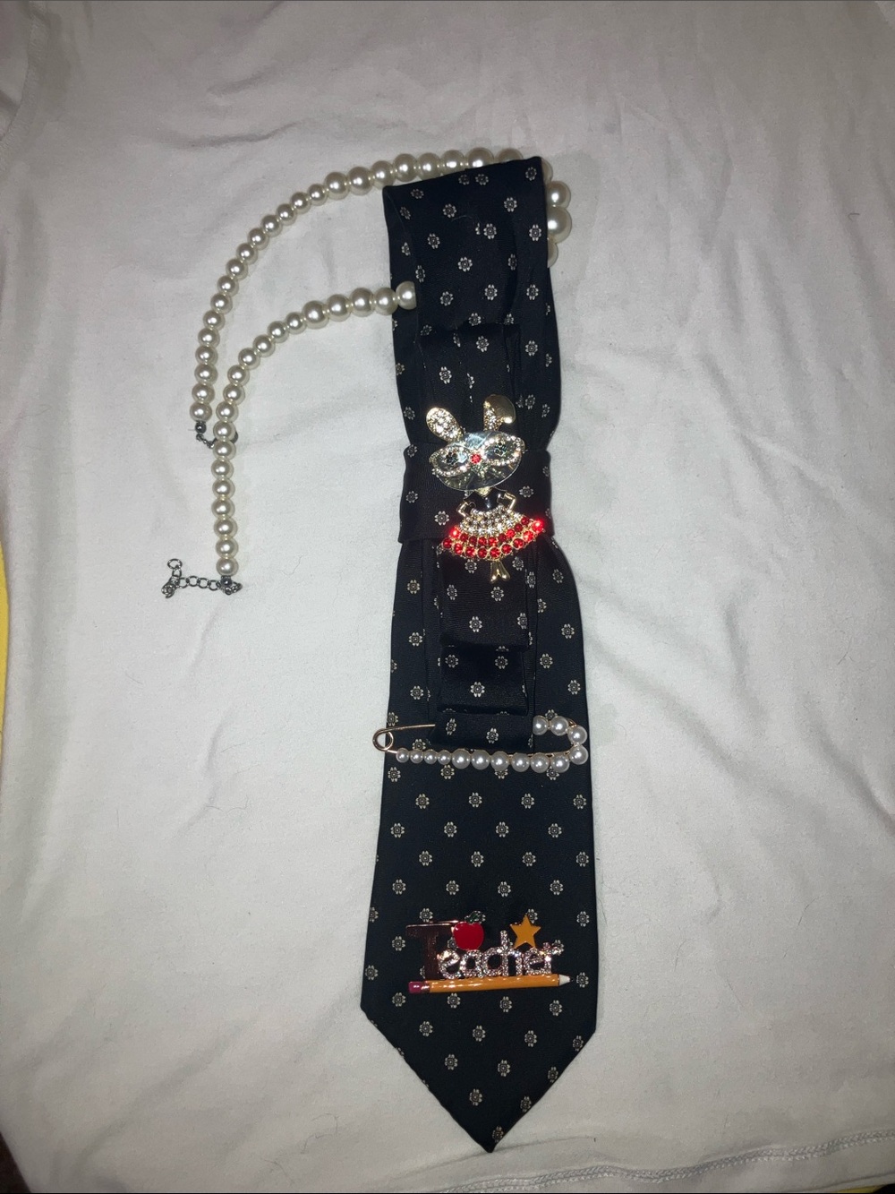Black Patterned Tie Necklace with Pearl & Rhinestone Charms